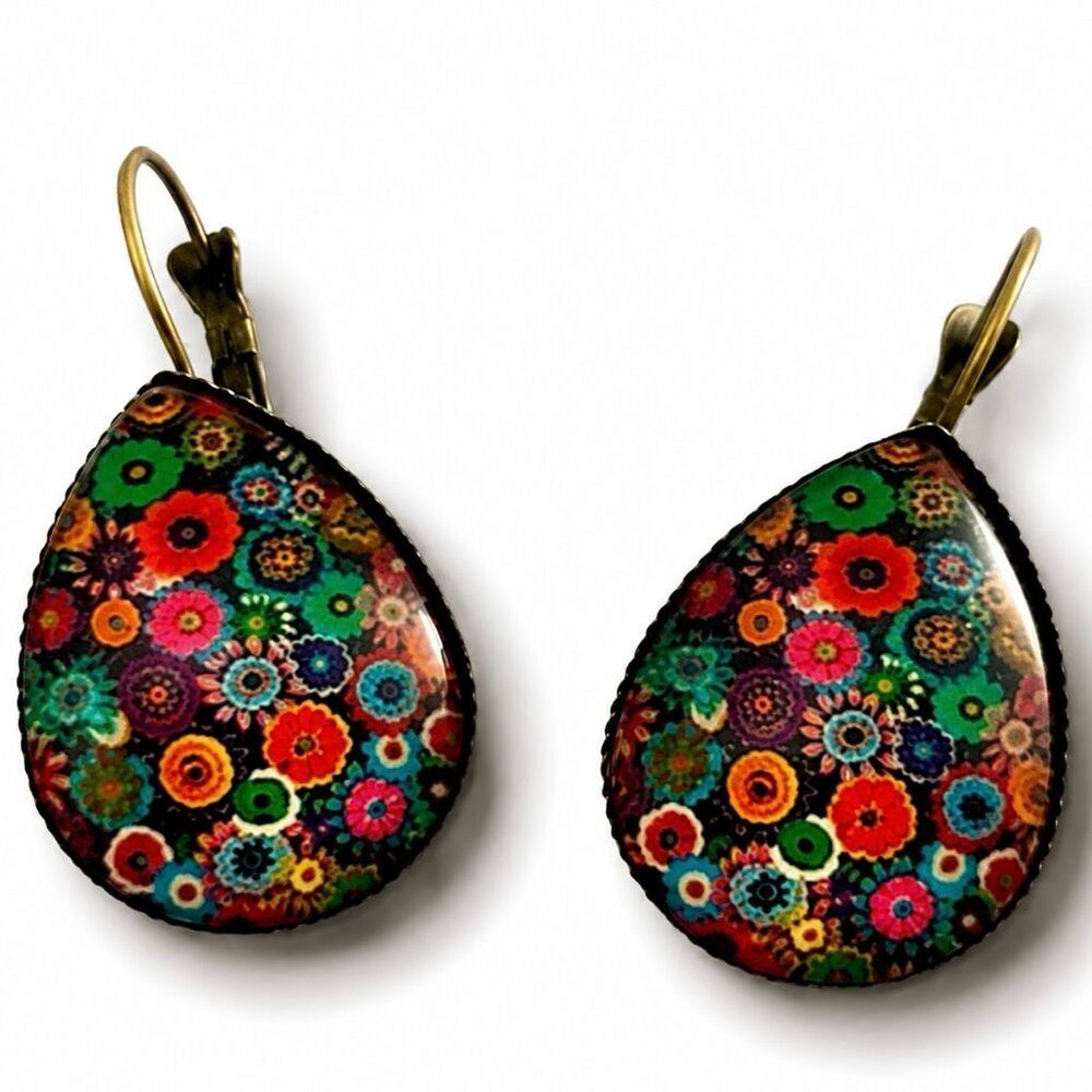 Groovy Flower Power Teardrop Earrings Bronze Tone